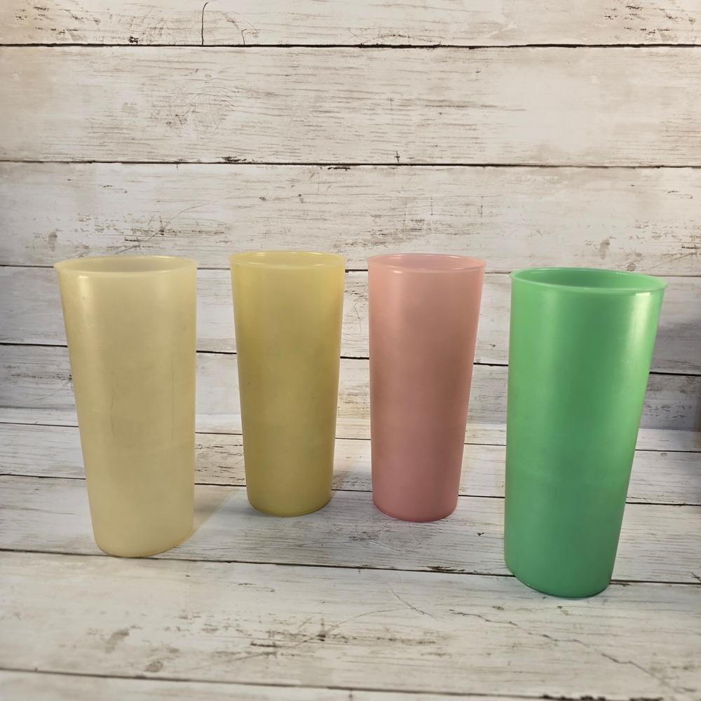 Vintage Tupperware Pastel Tumblers Set of 4 16oz Cups 107 Green Pink Yellow USA